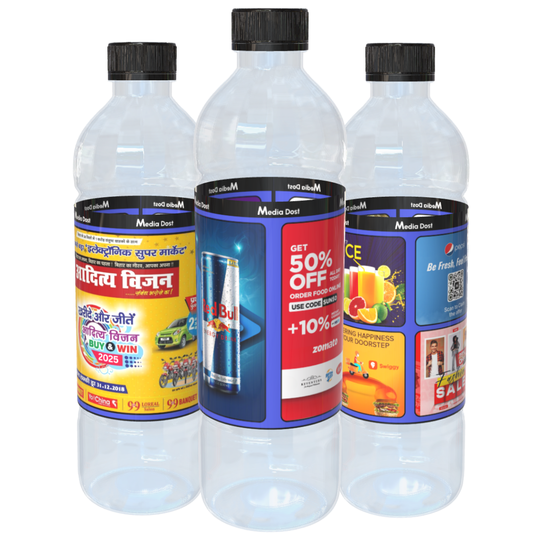 Three Media Dost water bottles showing different custom label advertisements